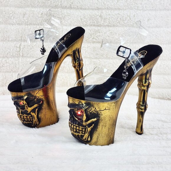 Brass Skull & Bones Red LED Platform 8" Heels Pole Shoes Vortex - Picture 8 of 11